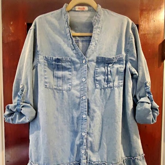 M Light Blue Mazik Button Down Distressed Denim Shirt Dress/Tunic 100% Cotton - Picture 7 of 16